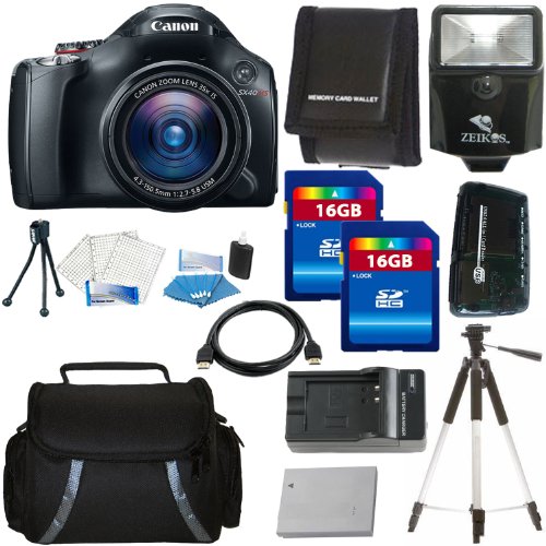 Canon SX40 HS 12.1MP Digital Camera with 35x Wide Angle Optical Image Stabilized Zoom and 2.7-inch Vari-Angle Wide LCD + Canon NB-10L Equivalent Replacement Battery + Charger + Digital Flash + Camera Case + Aluminum Tripod + 32GB Deluxe Accessory Kit