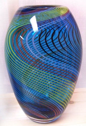 Murano Art Glass Vase Blue with Stripes and Lines A57 with Certificate