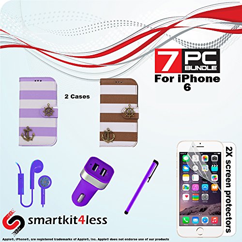 Fashion Combination Pack Includes 7 Pcs Accessory Bundle for I Phone® 6, Include Two Plaid design Cases (two different colors) with handle , Dual USB Car Charger, 2 X Screen Protector, Stylus Pen, Stereo Earphones GET 7 Products for the Price of ONE or Two (purple/brown)
