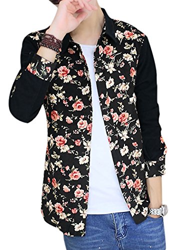 Allegra K Men Floral Print Long Sleeves Color Block Corduroy Shirts