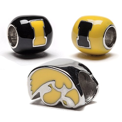 Iowa Hawkeyes Bead Charms - Set of 3 - 1 Hawk + 2 Round Hawkeyes Beads - Fits Pandora & Others