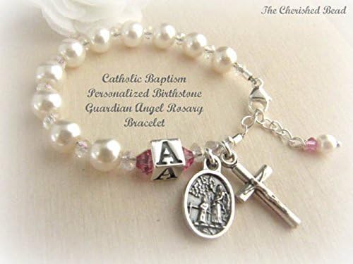 Catholic Baby Baptism Personalized Swarovski Birthstone Rosary Bracelet with Initial Bead and Guardian Angel
