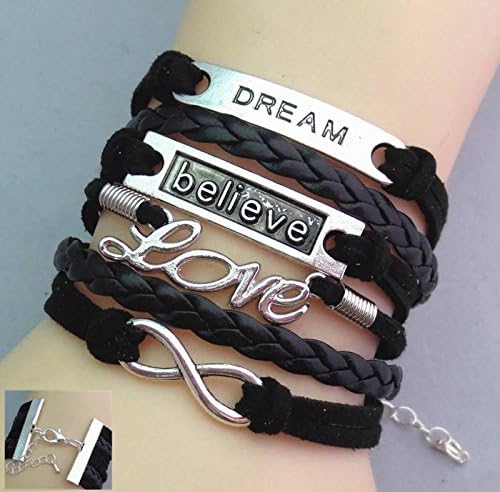 Vintage Style Black Leather Rope Love Dream Believe Letter Love Bracelet