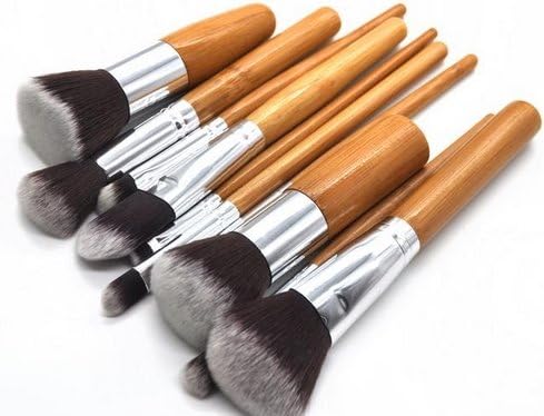 10 Pc Makeup Brush Set. The 10pc Bamboo Handle Synthetic Makeup Brushes Are Held Neatly in It's Custom Canvas Pouch. You Will Love It! Works with All Makeup, Including Liquids, Minerals and Powders. Bonus! Your Purchase Includes Our Makeup Brush Cheat Sheet to Show You the 'Best Use' for Brush Choices. This Set Is Perfect for a Beginner to a Cosmetic Pro. Recommended By Top Makeup Artists. These Makeup Application Brushes Make a Great Gift!