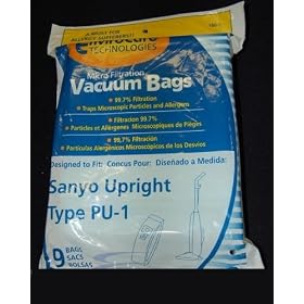 Sanyo Upright Style PU-1 Vacuum Bags Microfiltration with Closure - 9 Pack