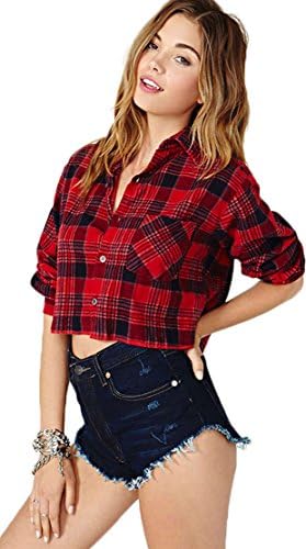 Lovelelify Women's Vintage Short Red Plaid Flannel Shirt Medium