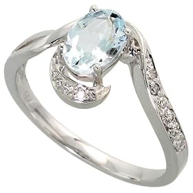 14k White Gold Ring, w/ 0.10 Carat Brilliant Cut Diamonds & 0.73 Carat Oval Cut 7x5mm aquamarine Stone, 3/8 in. (10mm) wide, size 6