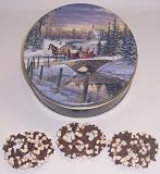Scott's Cakes 1 lb. Milk Chocolate Covered Pretzel with Chocolate Chips & White Chocolate Chips in a Sleigh Ride Tin