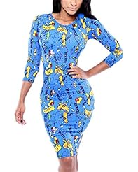 Sexy General Print Summer Polyester Long Sleeves Above the Knee Bandage Dress 