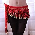 Red Belly Dance Hip Scarf, Gold Coins Lively Style, 100% Handmade
