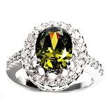 Sterling Silver Ring with Olive Green CZ and Clear CZ - Size: 6-10