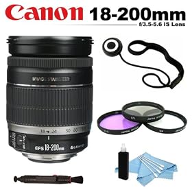 Canon EF-S 18-200mm f/3.5-5.6 IS Autofocus Lens for Select Digital SLR Cameras + Filter Kit (UV-CPL-FLD) + Lens Cap Keeper + Lens Cleaning Pen + Cleaning Kit For Canon Rebel XS, T1i, T2i, T3, T3i, T4i Digital Cameras