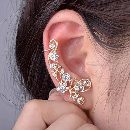 New Retro Crystal Butterfly Flower Ear Cuff Stud Earring Rhinestone Pierced Hot Model/Color: Golden