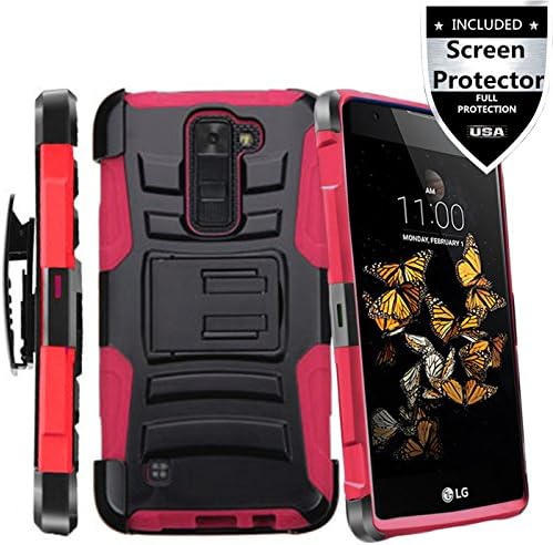 LG K7 Case,LG Tribute 5 Case,IDEA LINE INC(TM)Heavy Duty Armor Shock Proof Dual Layer Holster Locking Belt Swivel Clip with Kick Stand+Free Stylus Pen+Free HD Screen Protector(Red/Black)