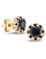 10K Yellow Gold Round Brilliant Cut Black and White Diamond - Flower Shape Halo Prong Set Studs Earrings with Secure Push Back Closure - (1.00 cttw.)