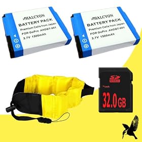 Two Halcyon 1500 mAH Lithium Ion Replacement Battery + 32GB SDHC Class 10 Memory Card + Waterproof Floating Strap for GoPro HD Hero, HD Hero2, HD HERO Naked
