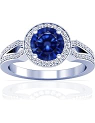 14K White Gold Round Cut Blue Sapphire Ring With Sidestones (GIA Certificate)