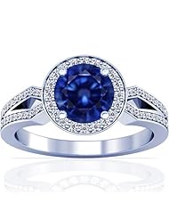 18K White Gold Round Cut Blue Sapphire Ring With Sidestones (GIA Certificate)