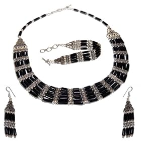 Traditional Jewelry of India - Necklace and Bracelet Set in Sterling Silver and Black Onyx Gemstones