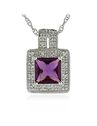 Sterling Silver Amethyst and Diamond Gemstone Pendant with Chain, Birthstone of Febuary.