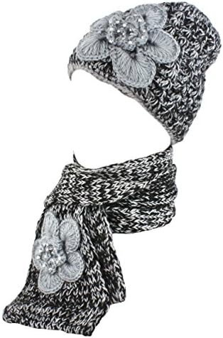 Kate Marie 'Sarah' Handcrafted Twisted Color Yarn Beanie Cap & Scarf Two Piece Set in Grey