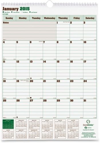 DuraGlobe Monthly Wall Calendar - 12" x 17" - January 2015 till December 2015 - 1 Month Single Page Layout - Chipboard - White, Brown, Green