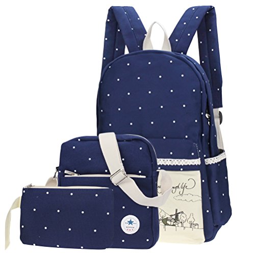 Samaz 3-in-1 Cute Korean Lace Canvas School Backpack for Teen Girls (Deep Blue)