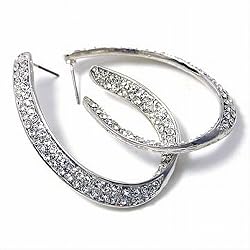 Silvertone Clear Crystal Oval Hoop Earrings Fashion Jewelry