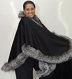 IMAGE OF Black Silver Fox Fur Trim Wrap Cashmere Cape