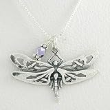 Celtic Dragonfly Pendant in Sterling Silver with Purple Czech Glass Bead on a 16 Box Chain, #8527