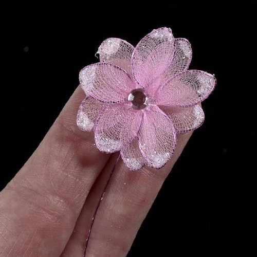 Nylon Mesh Pastel Pink Flowers with Rhinestone Centers on Wired Stems for Crafting, Embellishing and Decorating - Package of 12 Bunches (48 Total Flowers)