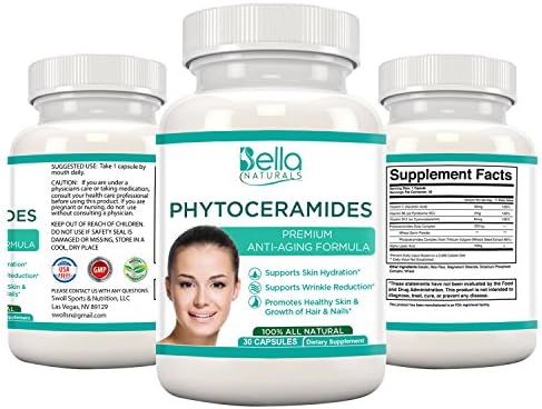 Phytoceramides Anti-Aging Formula - Supports Healthy Skin Hydration, Wrinkle Reduction, and Promotes Growth of Hair and Nails. An ALL NATURAL Premium Dietary Supplement with Vitamin C, B6, & B12 - 350mg Phytoceramide from Wheat Germ Powder. Improve, Replenish, Rejuvenate Your Appearance & Overall Wellness - GMP & FDA Approved USA Facility - 30 Day Supply - 30 Capsules by Bella Naturals *100% Money Back Guarantee - Order Risk Free!*