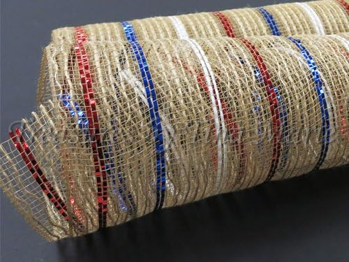 10"x 10yds Burlap Mesh w/ Red-White &amp; Blue Metallic Stripe's