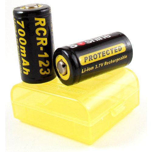 CR123 PROTECTED 2x Rechargeable 3.7V Li-ion Lithium Battery (Two Pre-charged Batteries in Protective Case)