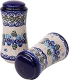 Polish Pottery Ceramika Boleslawiec,  1313/162, Salt and Pepper Milano, 4 3/4 by 2 1/4 Inches in Diameter - 9 Tablespoons Each, Royal Blue Patterns with Blue Pansy Flower Motif
