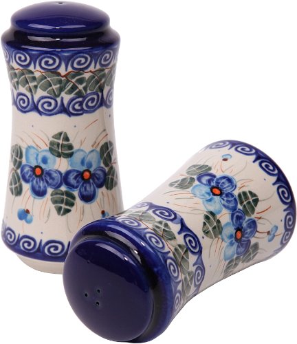 Polish Pottery Ceramika Boleslawiec,  1313/162, Salt and Pepper Milano, 4 3/4 by 2 1/4 Inches in Diameter - 9 Tablespoons Each, Royal Blue Patterns with Blue Pansy Flower Motif