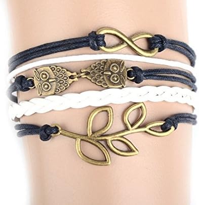 Multilayer Alloy Owl Leaf Infinite Charms Handmade Leather Bracelets