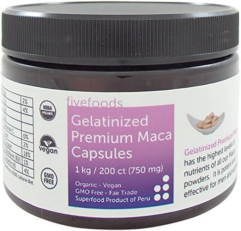 Gelatinized Premium Maca Capsules – Pre-Cooked, Organic, Fair Trade, GMO Free, Grown Traditionally in Peru – 200 Vegan Capsules, 750mg Each
