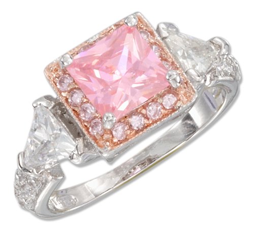 STERLING SILVER WITH COPPER TRIM 7MM SQUARE PINK CUBIC ZIRCONIA FRAMED BY CLEAR TRILLION CUBIC ZIRCONIAS RING