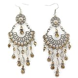 Perforated White Brass Chandelier - Faux Peach Bronze Diamonds - Costume Glamour Earrings