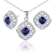 Elegant Princess Checkerboard Cut Created Blue Sapphire Pendant Earrings Set in Sterling Silver
