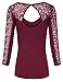 Doublju Womens 3/4 Sleeve V-Neck Lace Paneled Top With Cutout Back