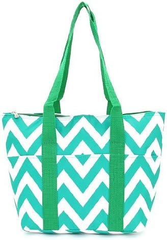14.5" Chevron Microfiber Insulated Lunch Tote Shoulder Bag with Pockets (Green)