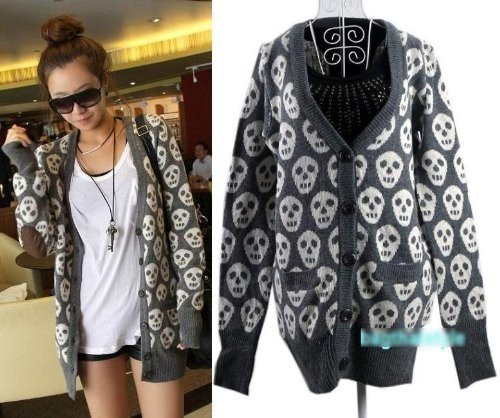 Boyfriend Chunky Retro Skull Elbow Patch Sweater knitwear Cardigan /UK 8 10 12