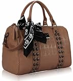 Beige Studded Skull Embossed Barrel Scarf Long Strap Grab Designer Handbag (16