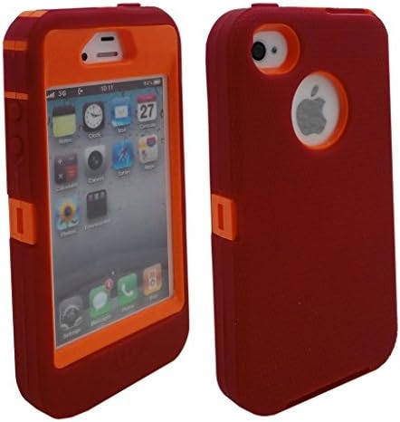 Iphone 4S case, Lucky On Durable Protective Dual Layer Hybrid Armor Defender Heavy Duty Shell Shockproof Case built-in Transparent Screen Protector for iPhone 4 4S (Red &amp; Orange)