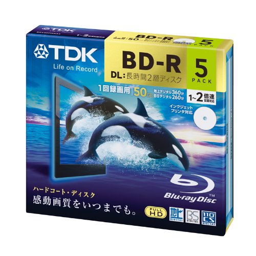TDK 録画用ブルーレイディスク ハードコート BD-R DL 50GB 1-2倍速 インクジェットプリンタ対応(ホワイト・ワイド) 5枚パック 5mmスリムケース BRV50PWA5A