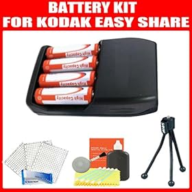 4 AA High Capacity Rechargeable NIMH Batteries With AC/DC Rapid Charger + Screen Protectors + Mini Tripod + Cleaning Kit For Kodak EasyShare Max Z990, Z5010, Z5120 Digital Camera