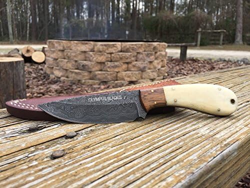 Olympus Blades Handmade Damascus Hunting Knife - Camel Bone &amp; Wood Handle