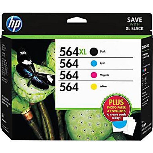 HP 564XL /564 High Yield Black and Standard C/M/Y Color Ink Cartridges, (D8J67FN#140) w/Media Value Kit 4/Pack